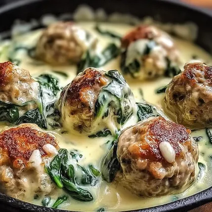A bowl of food with meatballs and spinach.