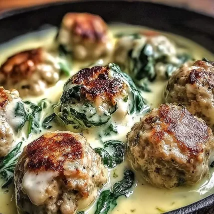 A bowl of food with meatballs and greens.