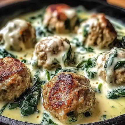 A bowl of food with meatballs and greens.