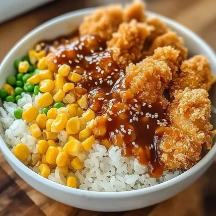 A bowl of food with rice, corn, and chicken.