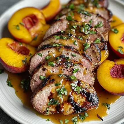 A plate of food with peaches and meat.