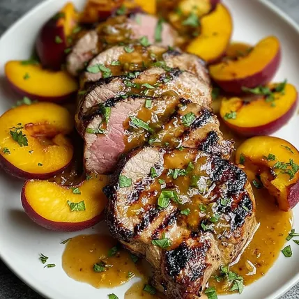 A plate of meat with peaches on top.