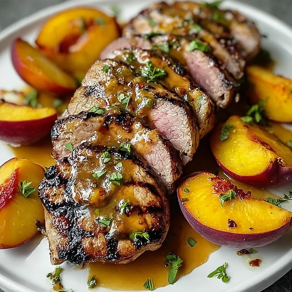 A plate of food with meat and peaches.