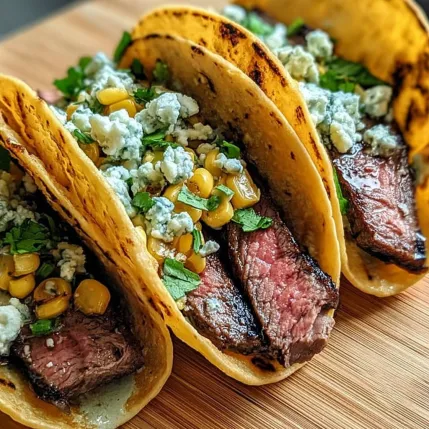 Two tacos with steak and blue cheese.