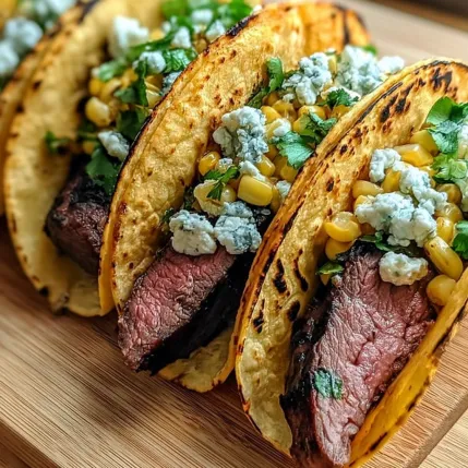 Two tacos with steak and blue cheese.
