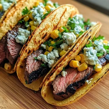 Two steak tacos with blue cheese and corn.
