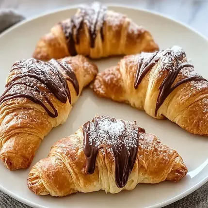 A plate of croissants with chocolate drizzled on top.