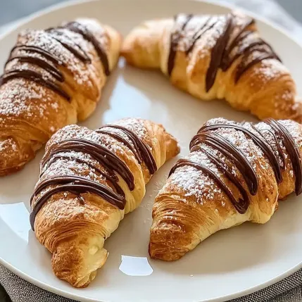 A plate of croissants with chocolate drizzled on top.