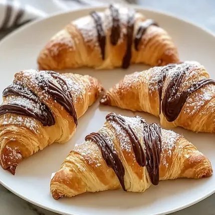 A plate of croissants with chocolate drizzled on top.