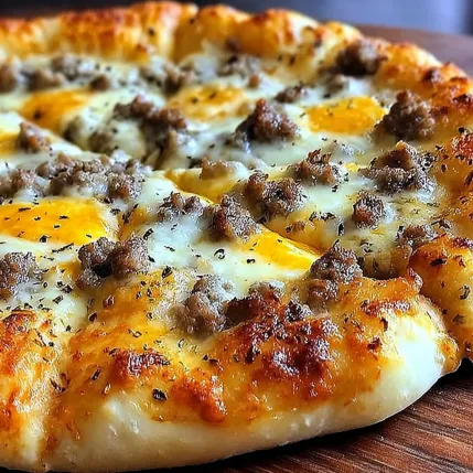 A pizza with meat and egg toppings.