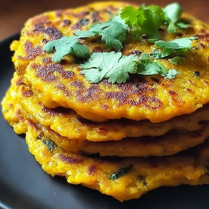 A stack of pancakes with green herbs on top.