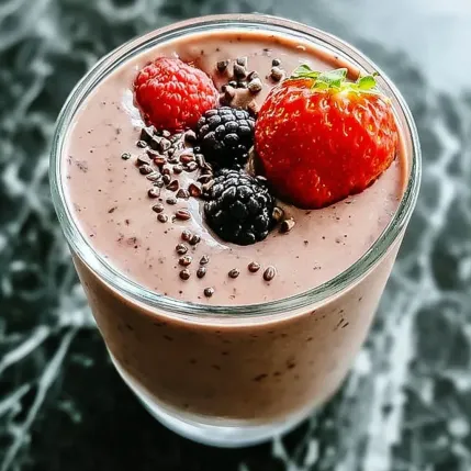A glass of chocolate milk with berries and a strawberry on top.