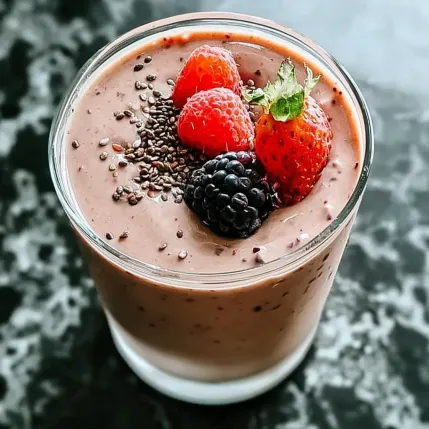 A glass of chocolate milk with strawberries and blackberries on top.