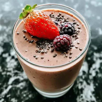 A glass of chocolate milk with a strawberry and raspberry on top.