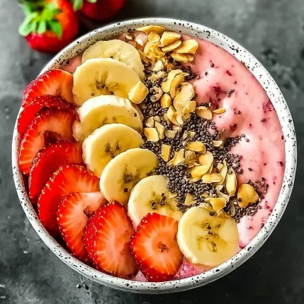 A bowl of fruit with bananas, strawberries, and yogurt.