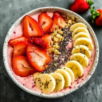 A bowl of fruit with strawberries, bananas, and yogurt.