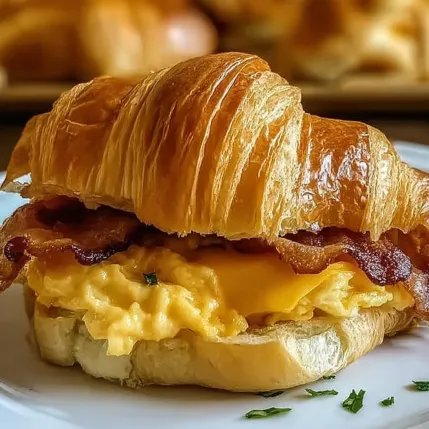 A croissant sandwich with bacon and egg.