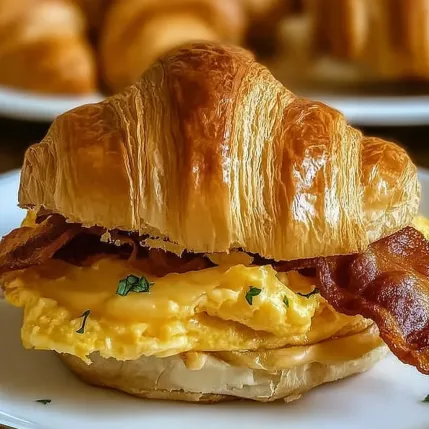 A croissant sandwich with bacon and egg.