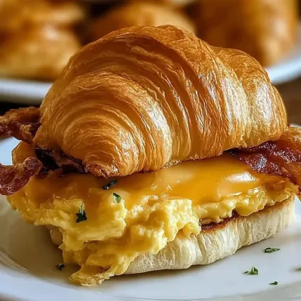 A croissant sandwich with bacon and egg.