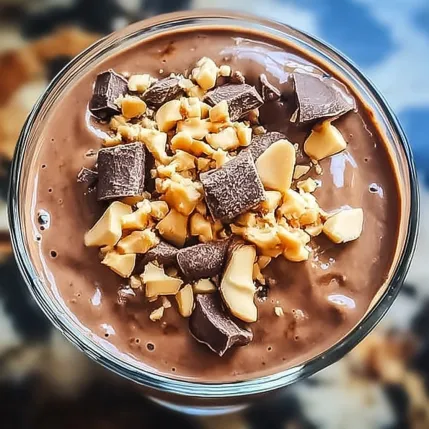 A glass of chocolate with nuts.
