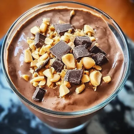 A glass of chocolate milk with nuts on top.