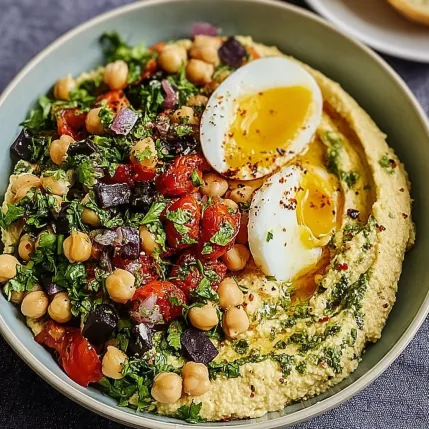 A bowl of food with eggs, tomatoes, and chickpeas.