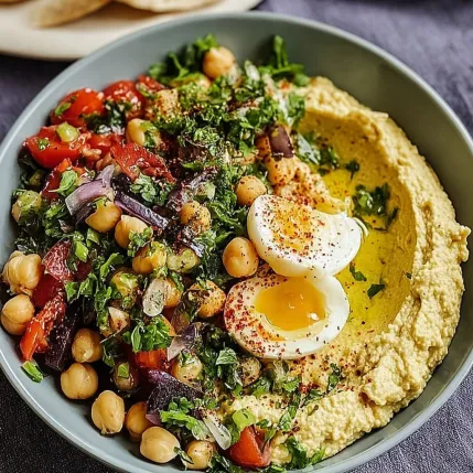 A bowl of food with eggs, tomatoes, and chickpeas.