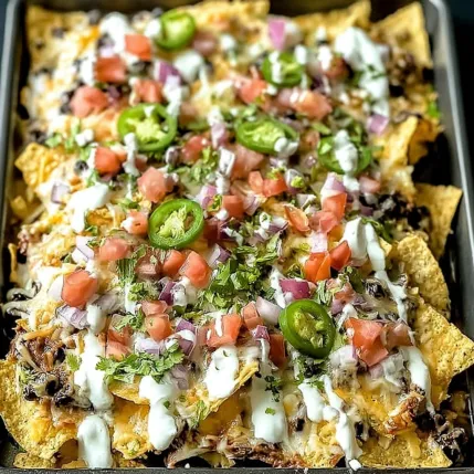 A pan of nachos with tomatoes, onions, and jalapenos.