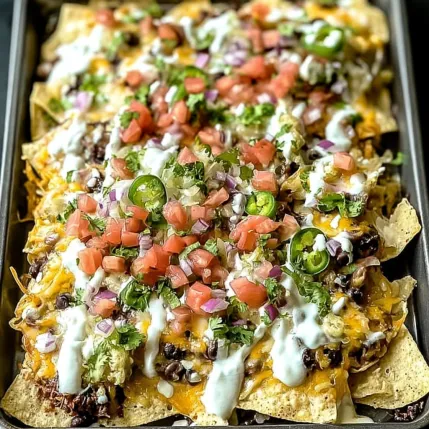 A pan of nachos with tomatoes, onions, and cheese.