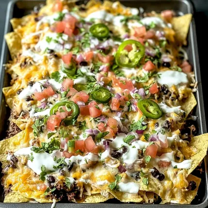 A pan of nachos with tomatoes, jalapenos, and cheese.