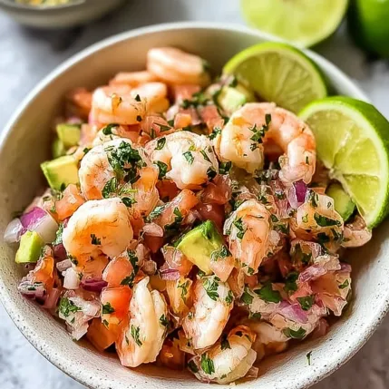 A bowl of shrimp salad with limes and avocado.