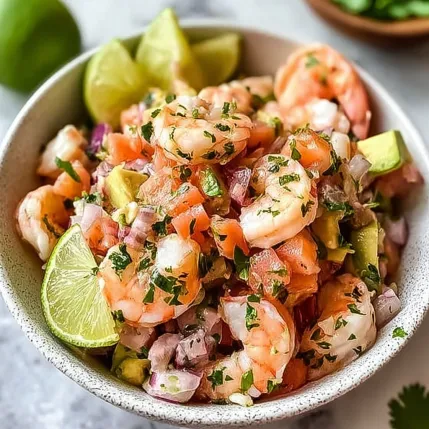 A bowl of shrimp and vegetables.