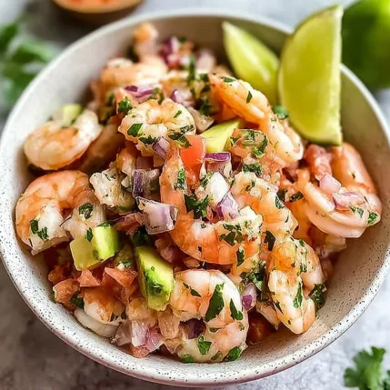 A bowl of shrimp and vegetables.