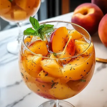 A glass of peaches with mint leaves.