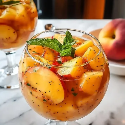 A glass of fruit with mint leaves.