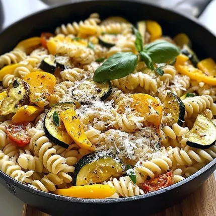 A bowl of pasta with zucchini, tomatoes, and basil.