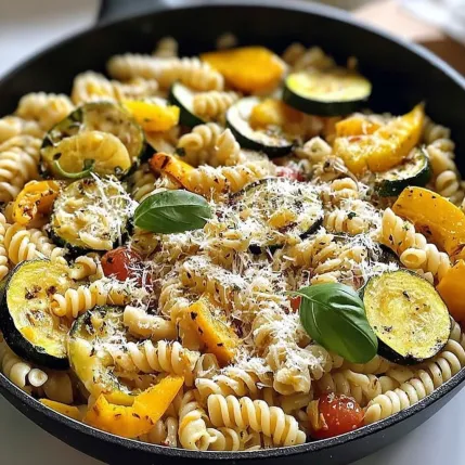 A bowl of pasta with vegetables and cheese.