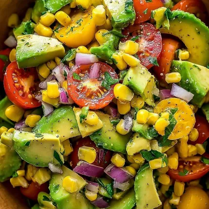 A bowl of sliced tomatoes, corn, and avocado.