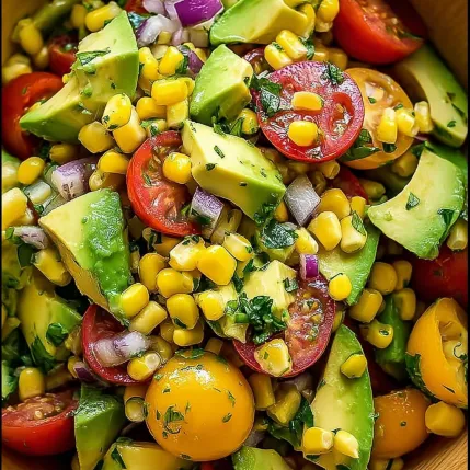 A bowl of sliced tomatoes, corn, onions, and avocado.
