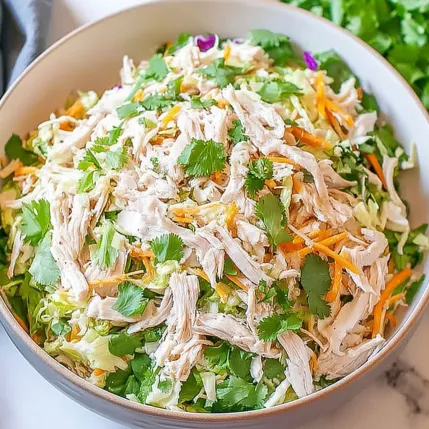 A bowl of chicken salad with lettuce and carrots.