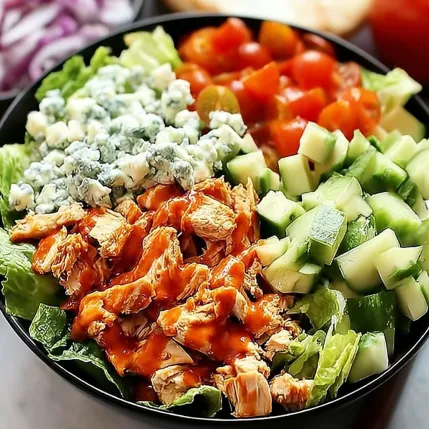A bowl of salad with chicken, tomatoes, cucumbers, and blue cheese.