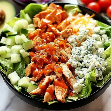 A bowl of salad with chicken, lettuce, and blue cheese.
