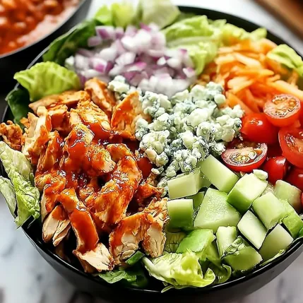 A bowl of salad with chicken, tomatoes, lettuce, and blue cheese.