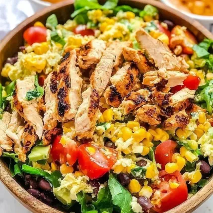 A bowl of chicken salad with tomatoes, lettuce, and corn.
