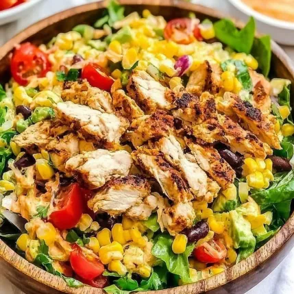 A bowl of salad with chicken and tomatoes.