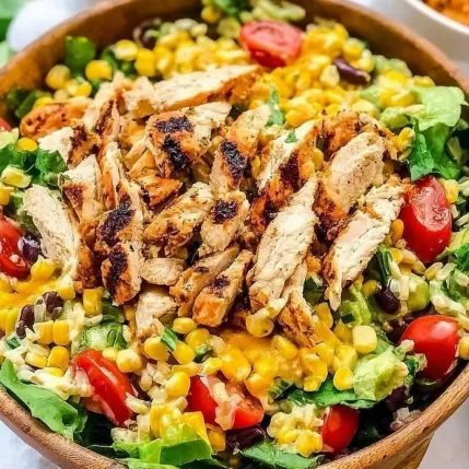 A bowl of chicken salad with corn and tomatoes.