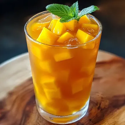 A glass of orange juice with a mint garnish.
