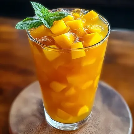 A glass of orange juice with a mint garnish.