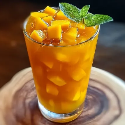 A glass of orange juice with a mint leaf on top.