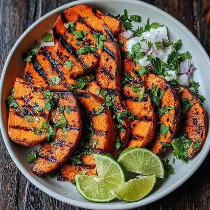 A bowl of food with grilled vegetables and lime wedges.